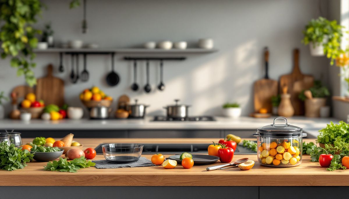 A vibrant kitchen scene with fresh vegetables and herbs on a wooden counter