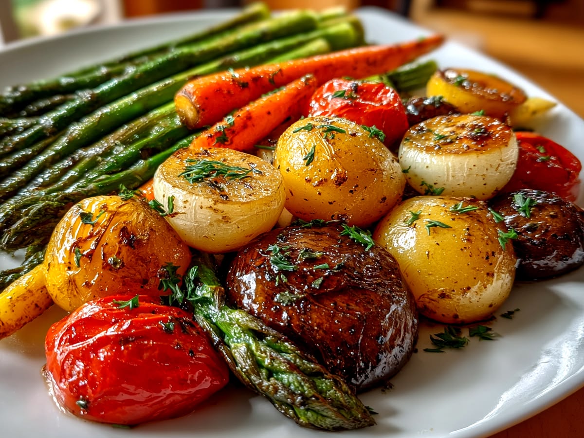 A beautifully plated roasted vegetable dish with herbs and lemon